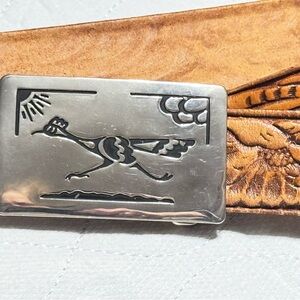 Rockmount Ranchwear Western Tooled Leather Belt Silver Road Runner Buckle Sz 36